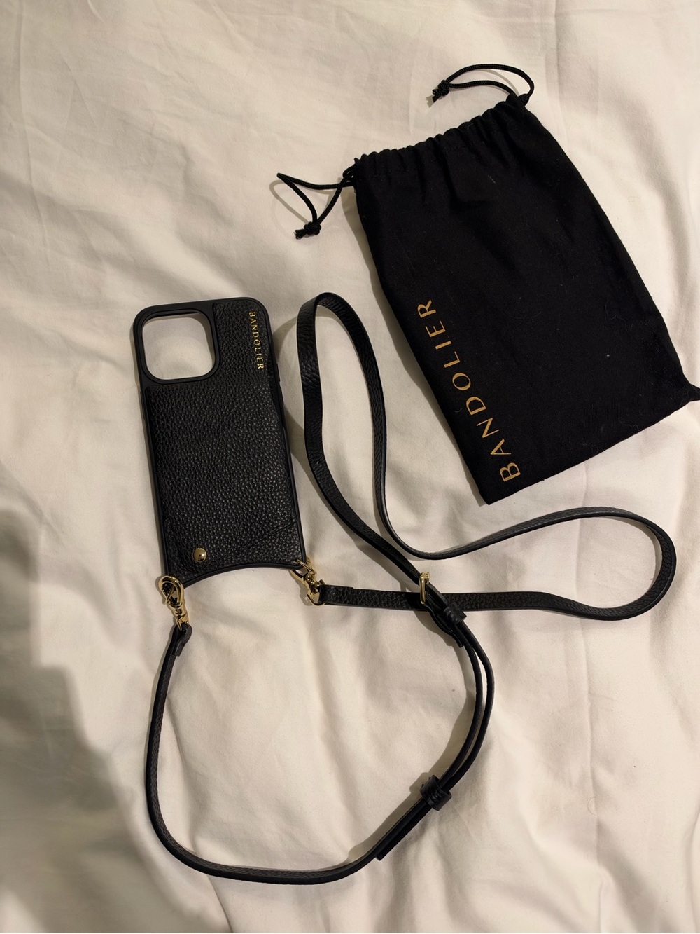iPhone 15 Pro MaxBandolier Black Leather Crossbody Phone Case with Gold Hardware